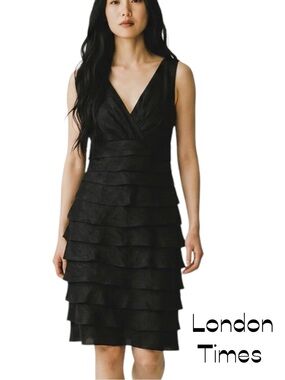 London Times Metallic Black Tulip Layered Fitted Party Event Dress NWOT Size 12P